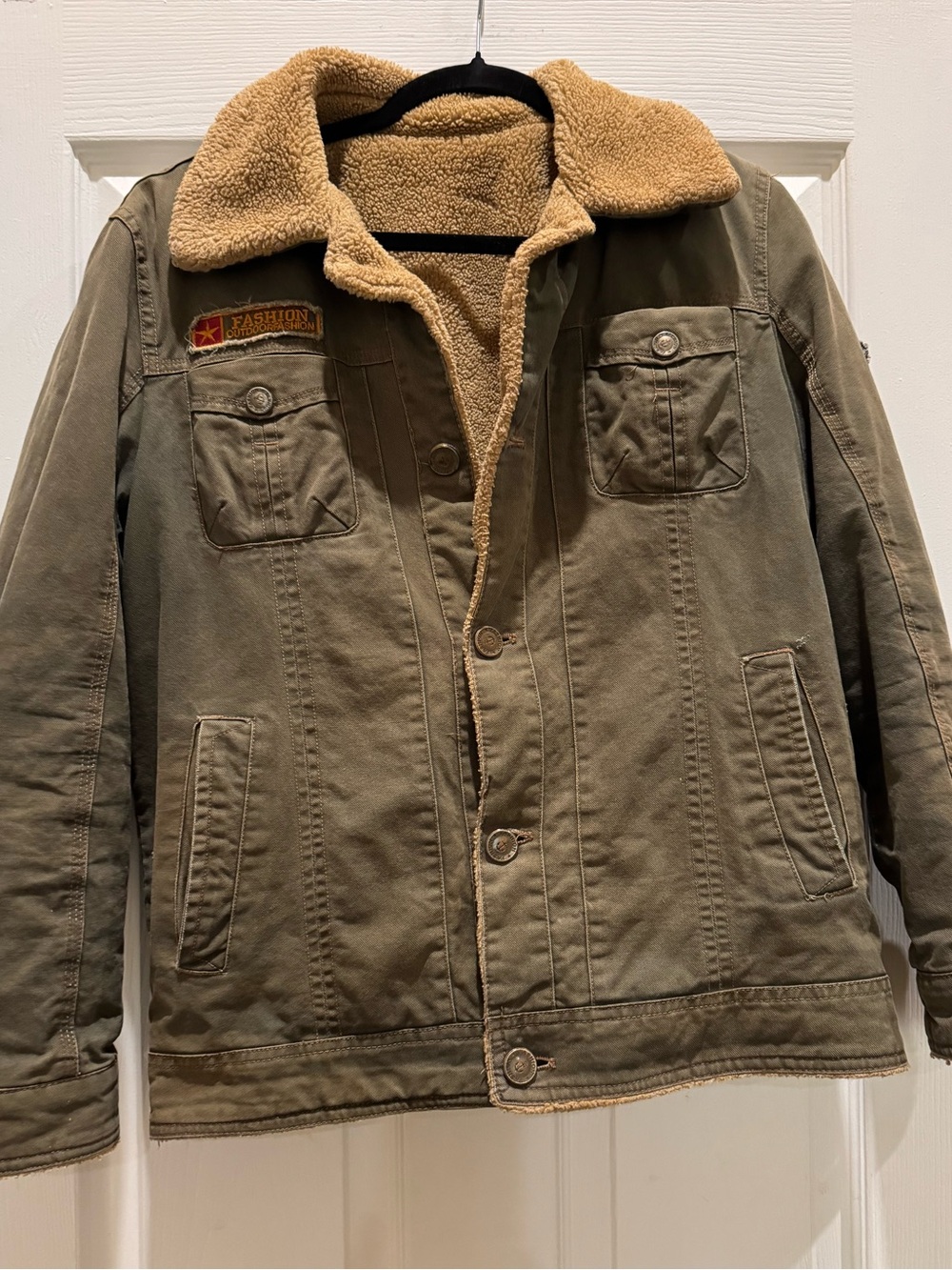 Fashion Outdoor: Men's Sherpa-Lined Field Bomber Jacket - Olive/Tan - Medium